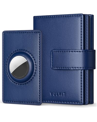 VULKIT Mens Leather Trifold Wallet with Airtag Card Case, Magnetic Closure, for Max. 10-14 Cards, Dark Blue
