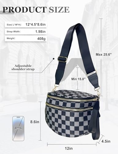 Checkered Nylon Crossbody Bag for Women, Spacious Checkered Bum Bag Purse Shoulder Bag Sling Bag with Shoulder Strap2