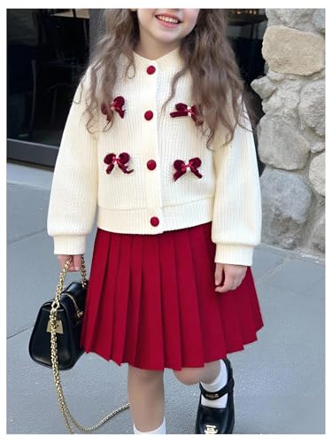 Image of WDIRARA Toddler Girl's 2 Piece Outfits 3D Flower Button Down Cardigan and Pleated Aline Skirts Set