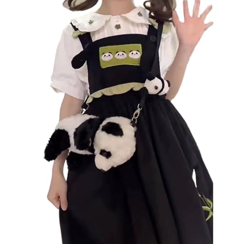 Jupe salopette femme et chemise col poupée : robe décontractée deux pièces d'été brodée panda