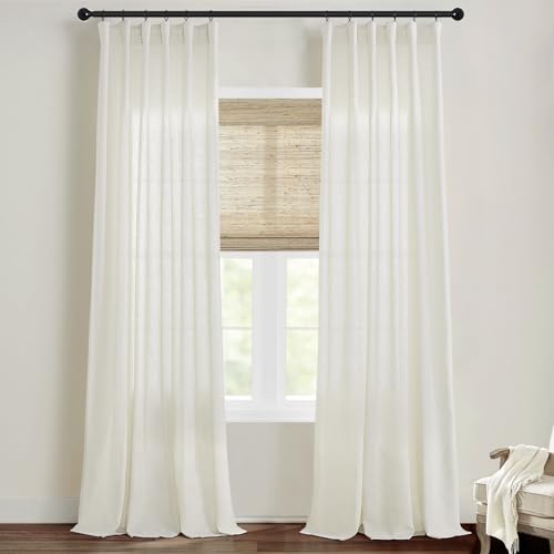 SHINELAND Linen Cotton Blend Curtains 90 Inch Long, Light Filtering Window Sheer for Living Room Bedroom, 2 Panel Set