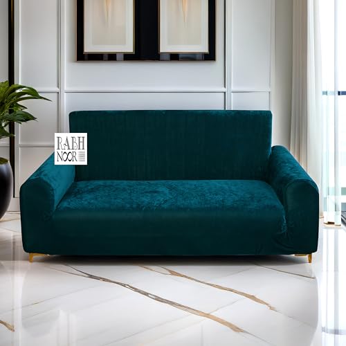 Image of Universal Velvet Peacock Green Triple Seater Sofa Cover Big Elasticity Cover for Couch 140 GSM Sofa Slipcover (Velvet-Peacock Green, 185-230cm)