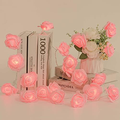 UCTEK Rose LED Lights, 20 LED Valentine String Lights Battery Powered Rose Decorative Lights with Timer Remote Control, 8 Modes for Valentine's Day, Mother's Day, Wedding, Proposal, Home Hot Pink