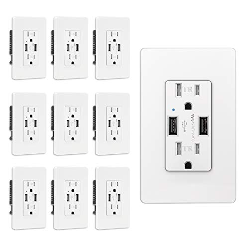 (10 Pack) CML 15A USB Wall Receptacle Outlet with Screwless Wallplate, 3.6A Dual USB Charging Ports, UL Listed, 3-Year Warranty, White