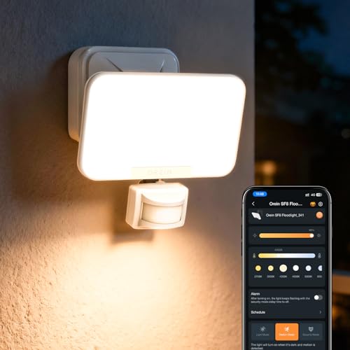 OREiN Smart Outdoor Security Lights with PIR, 28W 3000lm Flood Lights, App-Controlled 2700K/4000K/6500K, Group Control & Timer, IP65 Outdoor Motion Sensor Lights for Front Door/Garage – White