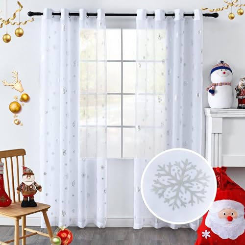 Youleyar Snowflake Christmas Voile Sheer Curtains, Luxury Silver Foil Print, Metallic Bronzing Treatment Pair for Holiday Window Decoration, Living Room, Set of 2 Panels White 52Wx84L