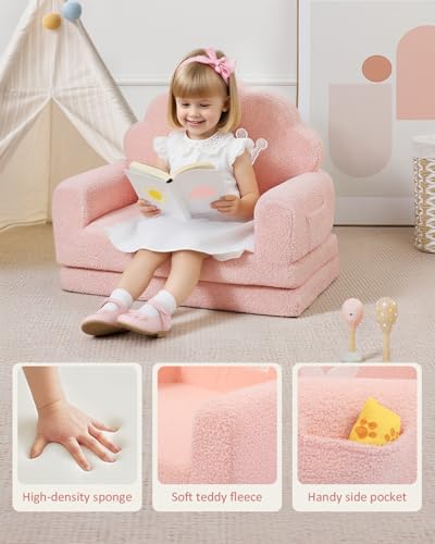 PIIKAGO 2-in-1 Kids Couch Fold Out, Soft Teddy Sherpa Toddler Couch with Crown Design, Convertible Kids Sofa to Lounger for Nap & Playtime, Cozy Children\'s Furniture for Boys & Girls, Pink