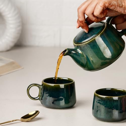 Image of The Earth Store Premium Green Glaze Ceramic Morning Tea Set - 2 Tea Cups & 1 Kettle Microwave and Dishwasher Safe | Tea Cup with Kettle | Small Morning Set | Ideal for Gifting and Daily Use