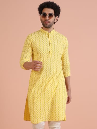 Kisah Men Straight Kurta Full Sleaves, Knee Length, Straight, Regular Fit, Mandarin Collar Ethnic Wear-Yellow -38