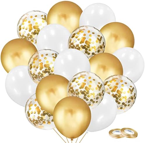 90Pcs Gold White Confetti Balloons, 12 Inches Gold Metallic Chrome Balloon, Premium Clear Confetti Balloons, Thicken Gold Glitter White Matte Latex Party Balloons for Balloon Garland Arch