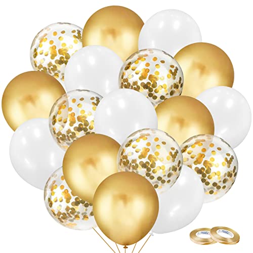 Image of 90Pcs White and Gold Balloons Set, 12 Inch Gold and White Balloons, Gold Confetti Latex Balloons for Birthday Anniversary Wedding