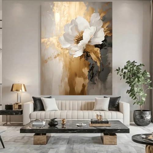 Tableau abstrait moderne texturé or, œuvre d'art floral contemporaine sur toile