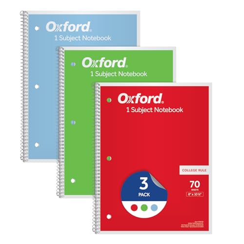 Oxford 1-Subject Notebooks, Notebooks for School, 8 x 10.5 Inches, College Rule, 70 Sheets, Assorted Primary Colors, 3 Pack, Colors May Vary (1006792)