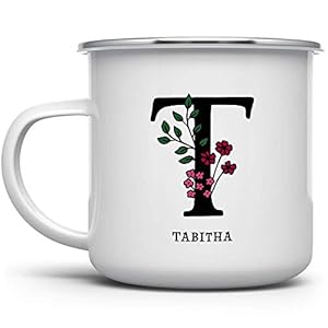 Personalized Name and Initial Campfire Coffee Mug, Enamel Camp Cup, Birthday Gift for Mom Daughter Friend Wife Girlfriend Coworker