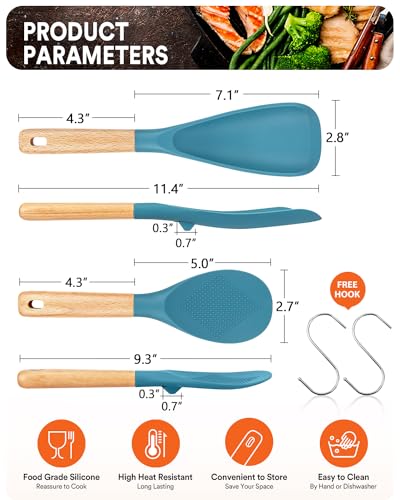 Image of Cooking Spoon and Rice Scooper for Nonstick Cookwares, Great for Cooking and Serving Durable BPA-Free Matte Silicone, Wood Handle Spoon for Mixing, Scoop, and Scrape