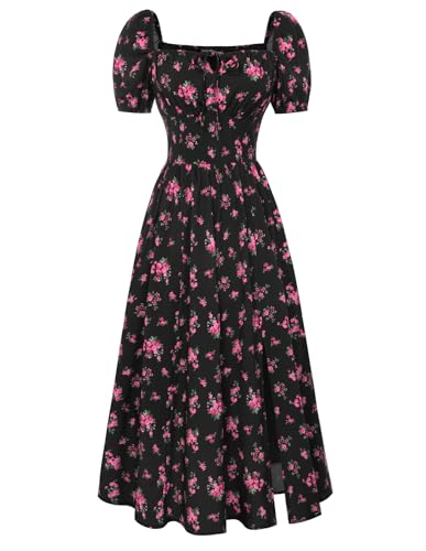 Image of Scarlet Darkness Women's Floral Corset Dress with Split 2026 Summer Spring Square Neck Midi Milkmaid Dresses