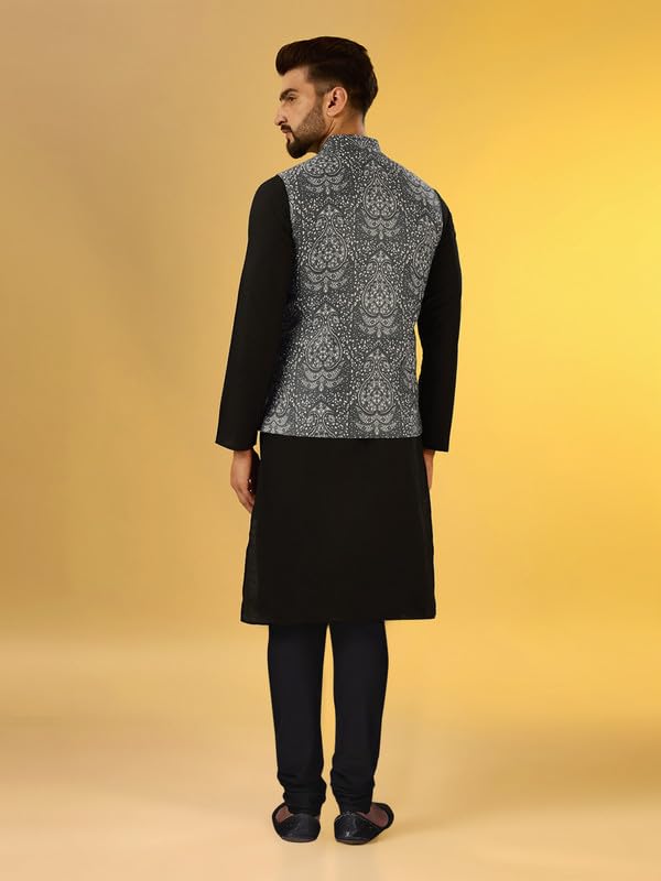 Image of KISAH Men Printed Kurta Jacket Set, Full Sleaves, Knee Length, Straight, Regular Fit, Mandarin Collar Ethnic Wear