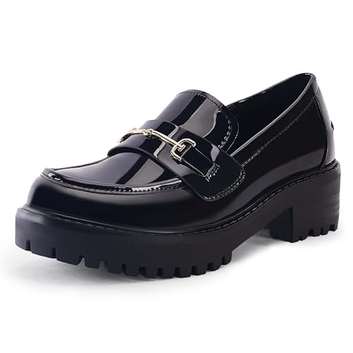 Image of VETASTE Women's Platform Chunky Heel Loafers Slip on Business Casual Shoes | Classic Closed Round Toe, Lug Sole, Work Office Uniform Oxfords, Metal Chain