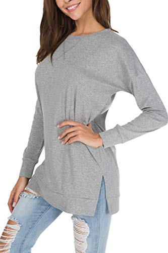 Levaca Womens Round Neck Solid Side Split Loose Casual Plus Sweatshirt Gray M