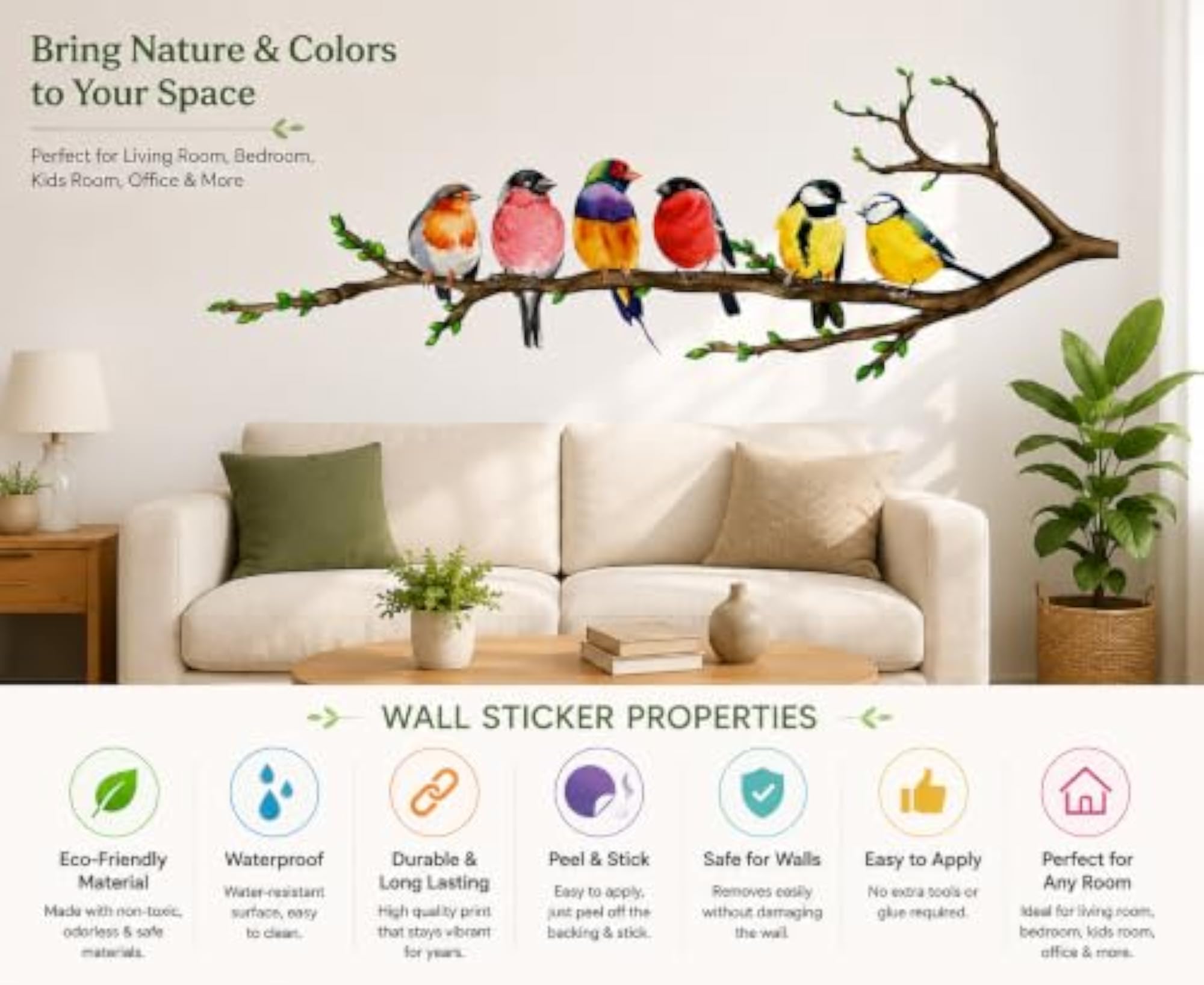 Colorful Birds on Tree Branch Wall Sticker