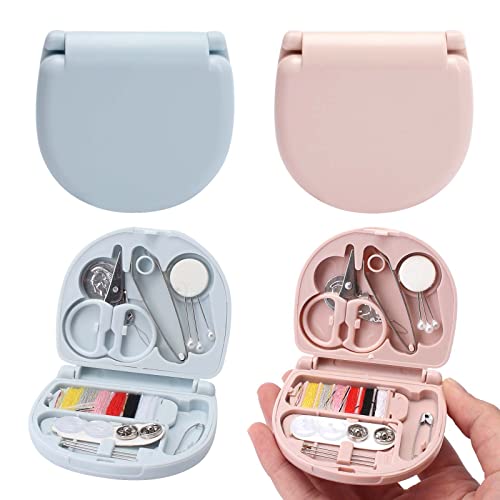 Kit de Costura de 20 Piezas, 4 Mini Cajas Kit de Costura de Viaje DIY Suministros de Costura, Mini Kit de Costura Viaje para Principiantes Hogar Viajes Uso de Emergencias (Rosa y Azul)