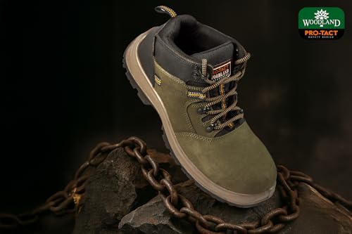Image of Woodland Armour Nubuck Leather Safety Shoes for Men | Oil Resistant Safety Shoe with Anti Slip Grip | Lightweight, Antistatic PU Double Density with Composite Toe | Olive Green (6 UK, 40 EU)
