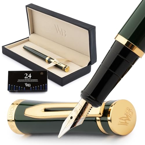 Image of Wordsworth & Black Luxury Fountain Pen Set for Writing, Broad Nib, Green | Gift for Men & Women, Brass Body, 18K German Iridium, Calligraphy, Converter + 24 Ink Cartridges, Refillable, Leak-Free