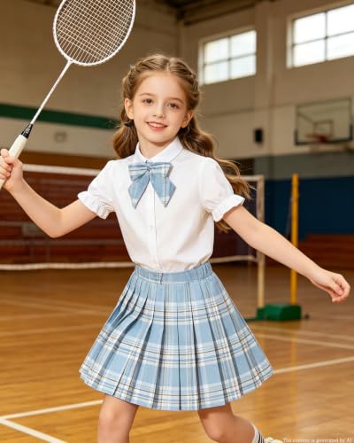 Image of Betusline Girls Skirt Set JK School Uniform 2-Piece Outfit - Short Sleeve Shirt with Bow & Pleated Skirt 4T-14Y
