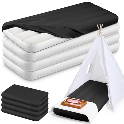 Windyun 4 Sets Kids Air Mattress Bulk with Fitted Sheet, Toddler Inflatable Bed 63 x 27 x 8 Inches Blow up Airbed Camping Sleeping Pad for Aged 3-10 Birthdays Slumber Sleepover Party (Black)