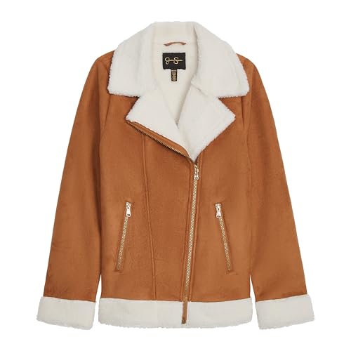 Jessica Simpson Girls' Faux Suede Moto Jacket with Sherpa Trim and Zippered Pockets, Khaki, 5