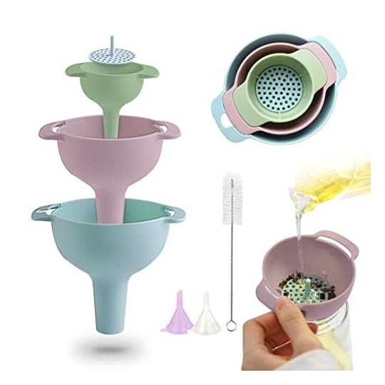
                            PRETTYFINE Funnel Set Nested Funnels with Handle 3 Pack Food Grade Plastic Funnels with Detachable Strainer Filter for Transferring of Liquid,Fluid,Powders (Green, Pink, Light Blue)
                        