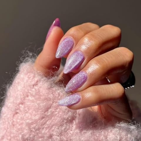 KQueenest Glitter Press on Nails Short Almond with UV Coating, Thick Cute Cat Eye Gel Nails Press on, Gloss Acrylic Fake Nails Glue on with Bling Designs - 30 Reusable False Nails, Lilac Sparkle Cover