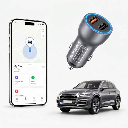 Grey Car GPS Tracker for Vehicles, 2 in 1 Cigarette Lighter Locator with Dual USB Ports, Plug & Play Vehicle Location Tracker Compatible with Apple Find My, No Monthly Fee No SIM Card, Gray (iOS Only)