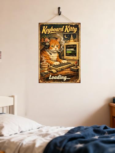 Keyboard Kitty Vintage Tin Sign Funny Cat Wall Decor Retro Computer Art Metal Plaque Geek Humor Loading Quote Coffee Desk Illustration Home Office 8x12 Inch Pre Drilled Holes — view 3