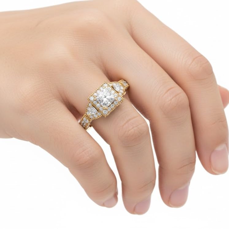 Image of 55Carat Choose Your Gemstone Square Art Nouveau Diamond CZ Ring Yellow Gold Plated Princess Shape Vintage Engagement Rings Matching Jewelry Wedding Jewelry Easy to Wear Gifts US Size 4 to 12