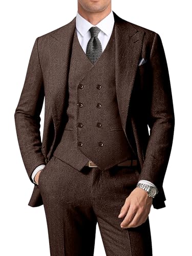 Men’s Herringbone Tweed 3 Piece Suit Set Brown XS