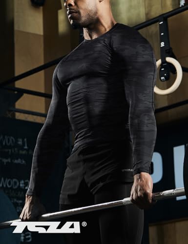 TSLA Men's UPF 50+ Compression Shirts, Cool Dry Long Sleeve Athletic Tops, Sports Baselayer Workout Shirt, Urban Camo Black, Small