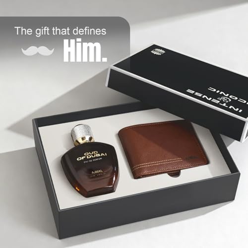 Image of Ajmal | Intense Iconic Perfume Gift Set for Men | Oud of Dubai Perfume 100 ml + Wallet | Premium Eau De Parfum | Long Lasting Fragrance for Men | Luxury Gift Set for Men, Gift for Father, Gift for Husband