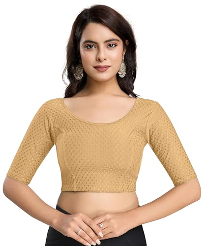 Image of TRENDMALLS Women's Dobby Pure Cotton Elastin Stretchable Readymade Round Neck Elbow Length Sleeves Blouse Choli Stylish Saree Blouse Ready to Wear