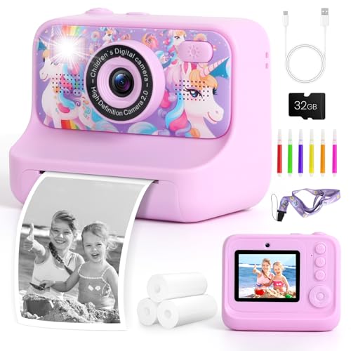 Poat Kids Camera Instant Print, 48MP Digital Camera for Kids with Inkless Printing, 32GB Card, 2.4" IPS Screen, 1080P Video, Selfie, Games – Kids Camera Toys for Girls Ages 3-12