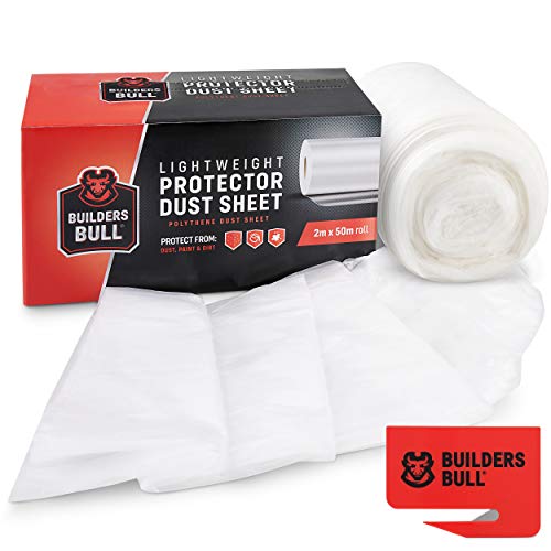 Builders Bull™ Dust Sheets for Painting | 2m x 50m Large Plastic Sheet Roll for Decorating | Lightweight Dust-Proof Plastic Sheeting for Floor Protection | Polythene Sheeting Furniture Cover