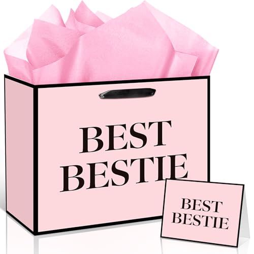 Best Friend Bestie Birthday Gifts for Women, Pink and Black Bestie Gift Bag with Tissue Paper and Greeting Card, Friendship Gifts for Women BFF Sisters Birthday Wrapping Paper for Galentines Day