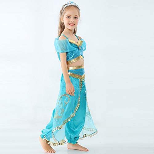Yosbabe Girls Jasmine Costume Arabian Princess Jasmine Cosplay Costume With Wig Halloween Party Dress Up Costume For Kids thumb #2