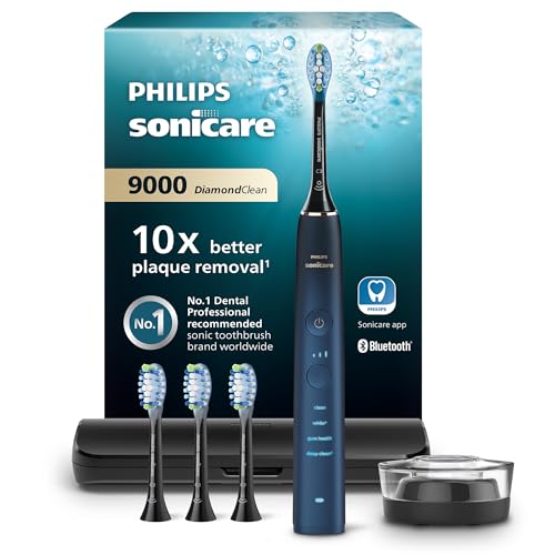 Philips Sonicare DiamondClean elektrische Zahnbürste der 9000er Serie – Schallzahnbürste, sauberere Zähne und Mundpflege mit 4x C3 Premium Plaque Defense-Bürstenköpfen, Aquamarine (Modell HX9911/89)