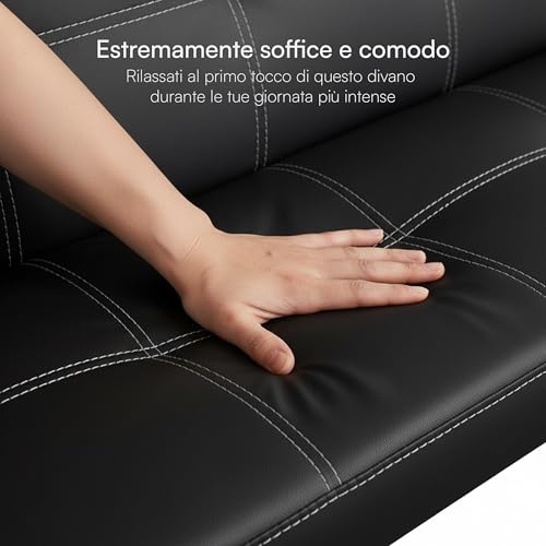 Miniatura 4 de Baroni Home Sofá Cama De Piel Sintética De 3 Plazas Convertible En Cama Acolchado, Sofá Reclinable Con Patas De Plástico Para Salón, Habitación De Invitados, Apertura 88 Cm, 166 X 75 X 70 Cm, Piel