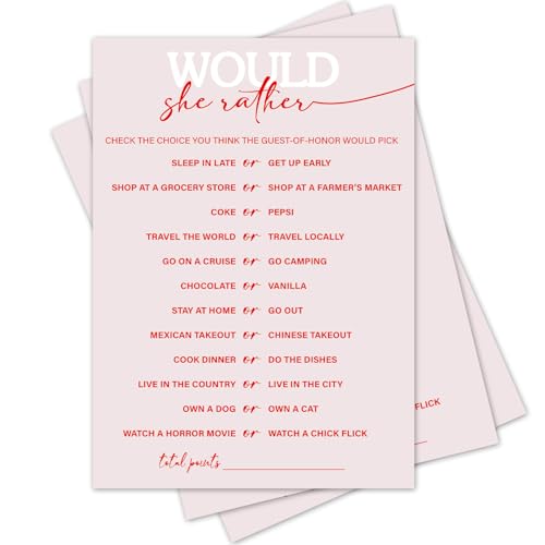 TRKAE Would She Rather Bridal Shower Game Set, 30 Pink Wedding Shower Games Card, Bridal Shower Engagement Bachelorette Party Activities and Supplies -P12
