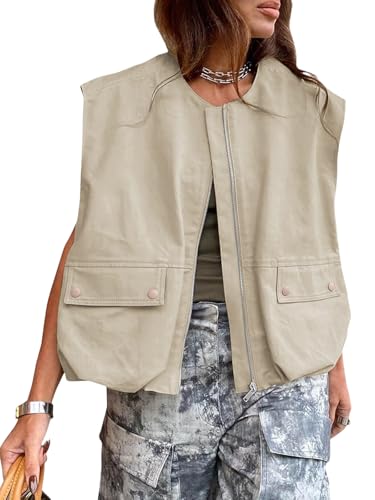 Women Street Style Loose Sleeveless Vest Pockets Casual Oversized Utility Jacket Ideal Workwear Outfits
