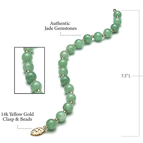 Belacqua Natural Green Jade Bead Bracelet in 14K Yellow Gold, Round 8mm, Length - 6.5 to 8.5 Inches, Fishhook Clasp, Jewelry for Women, Gift Box Included3