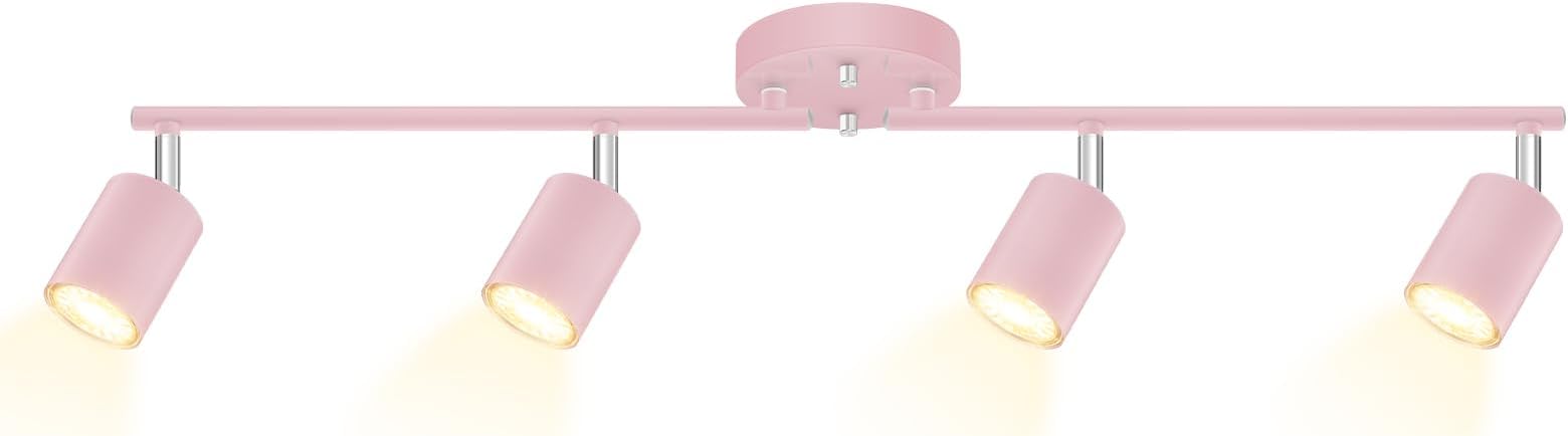 BoostArea LED 4 Light Track Lighting Kit, Pink 4 Way Ceiling Spot Lighting, Flexibly Rotatable Light Head for Kitchen, Living Room, Bedroom, Bulb Not Included
