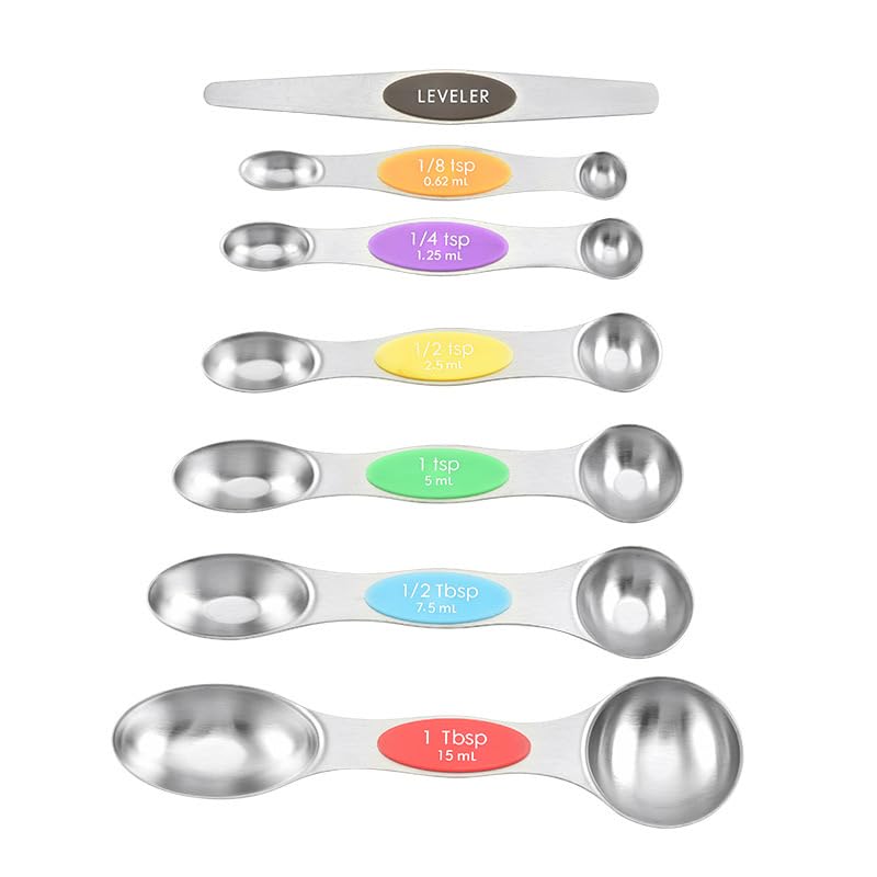 Magnetic Measuring Spoon Set of 7 Stainless Steel,Narrow Measuring Spoons fit in Spice Jars for Dry & Liquid Ingredients,Stainless Steel Measuring Spoons